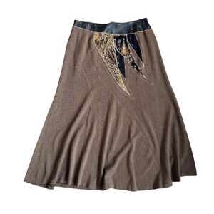 VTG Koos of Course Brown Patchwork Leather Trim Midi Skirt Womens 14